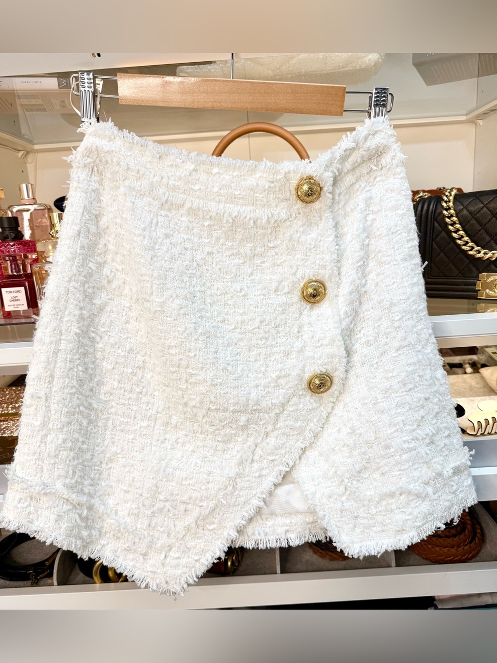 Balmain White Tweed Boucle Asymmetrical Skirt Signature Gold Buttons Size 38